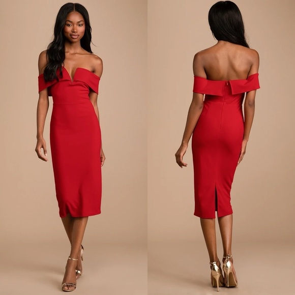 Lulus Dresses & Skirts - Lulu’s My Favorite Night Red Off-the-Shoulder Bodycon Midi Dress NWT